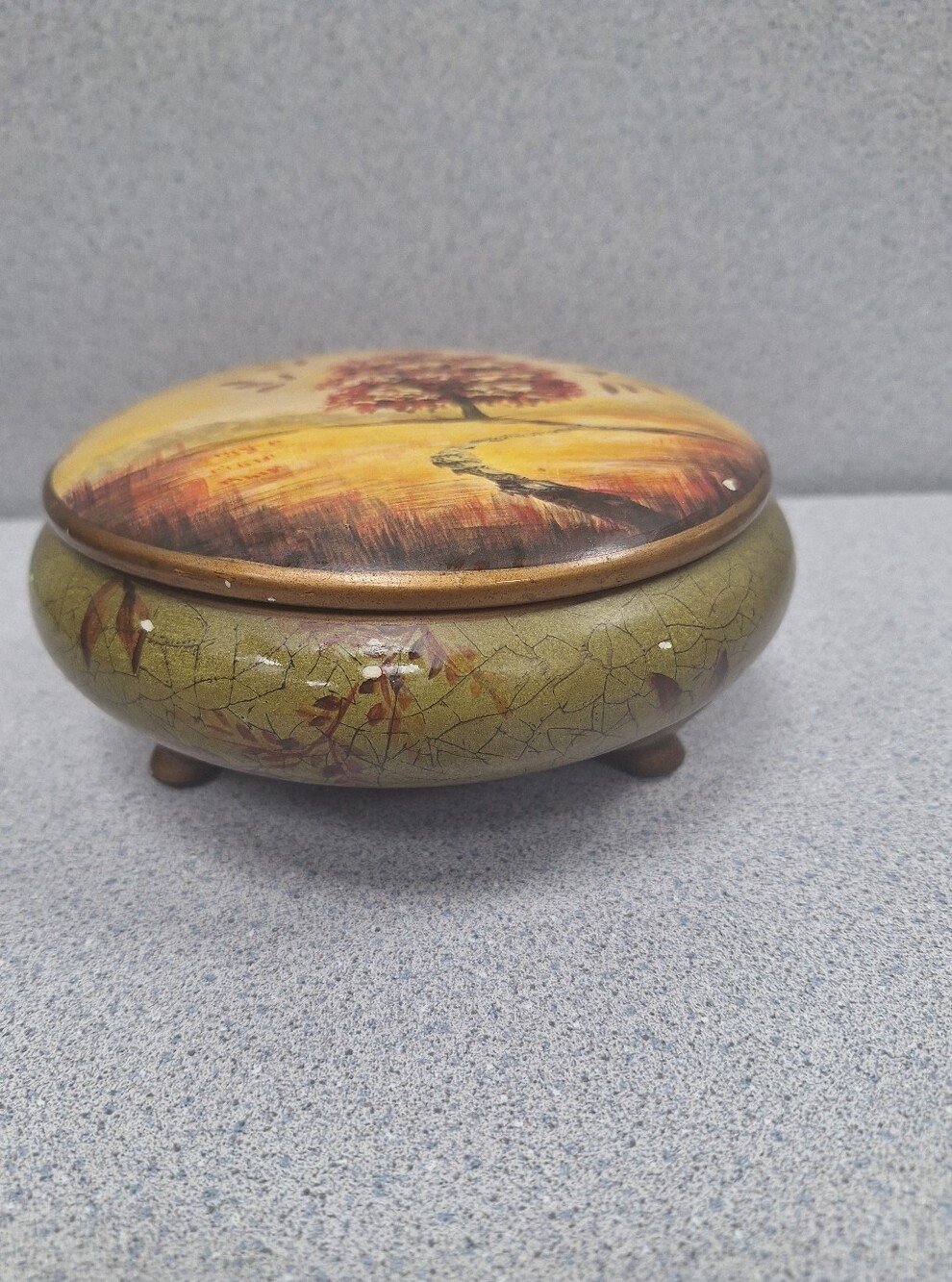 Decorative Footed Olive Green Round Trinket Box with Autumn Tree Design